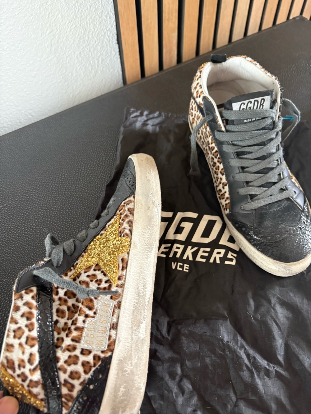 Golden Goose Leopard Print Sneakers with Glitter Gold Star
